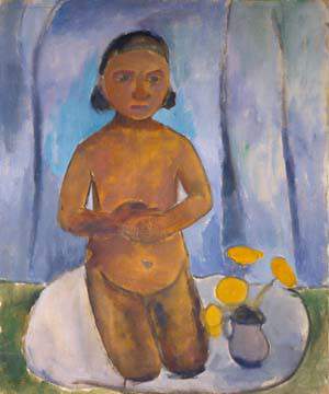 Kniendes Kind vor blauem Vorhang von Paula Modersohn-Becker