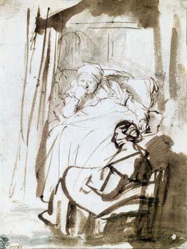 Saskia im Bett mit Krankenschwes von Van Rijn Rembrandt